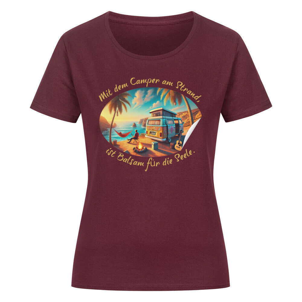 Organic Abenteuer Ladys Shirt, "Camping am Strand" Burgunder
