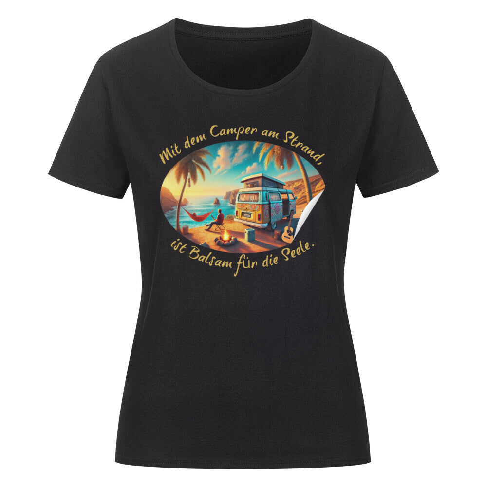 Organic Abenteuer Ladys Shirt, "Camping am Strand" schwarz