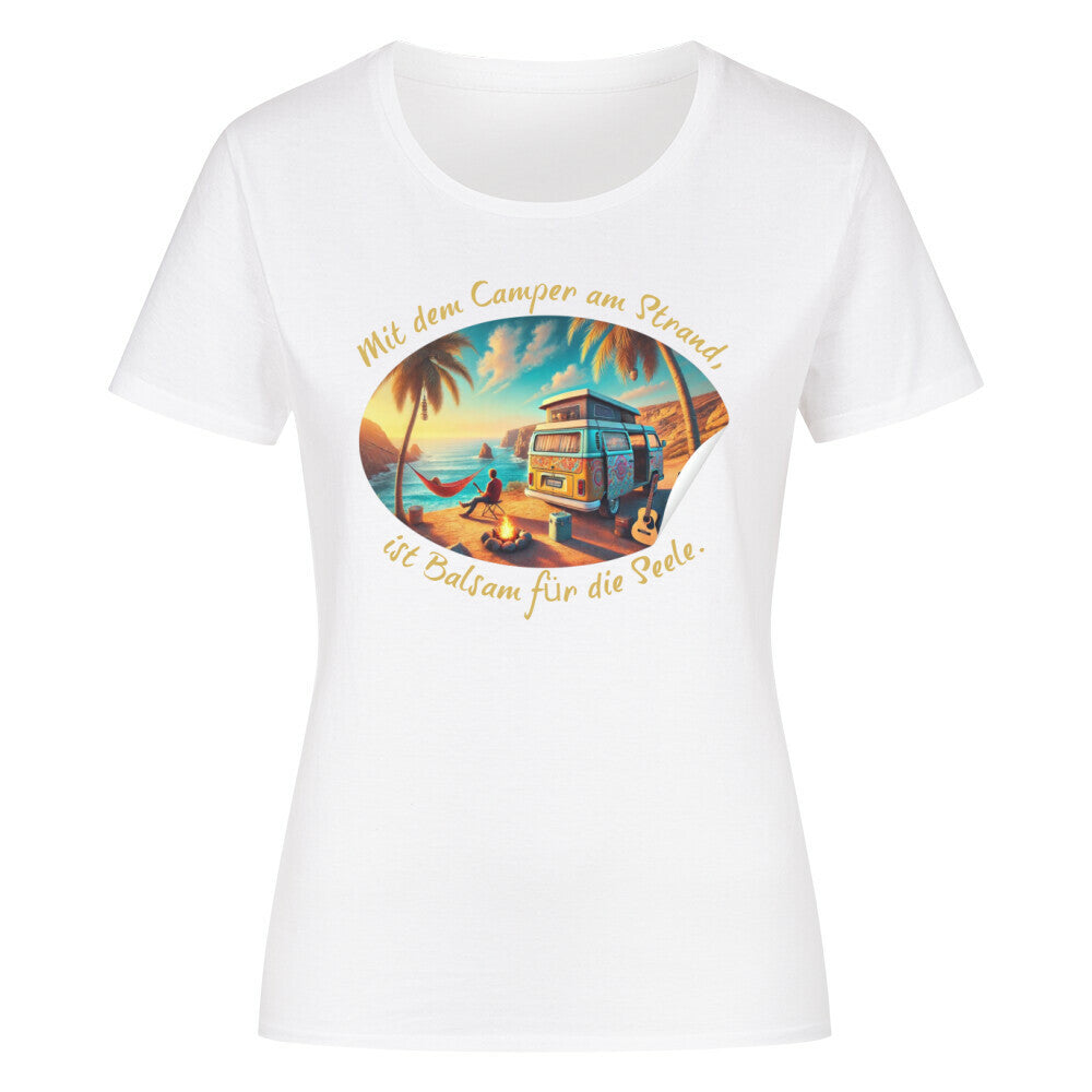 Organic Abenteuer Ladys Shirt, "Camping am Strand" weiß