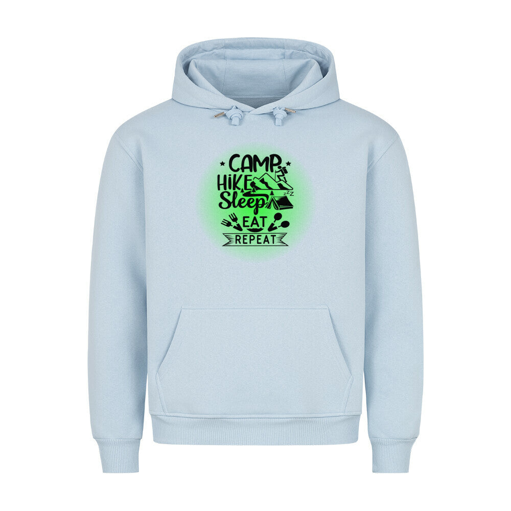 Premium Sprüche Hoodie, "Camp, Hike, Sleep, Eat, Repeat" Green print, Babyblau