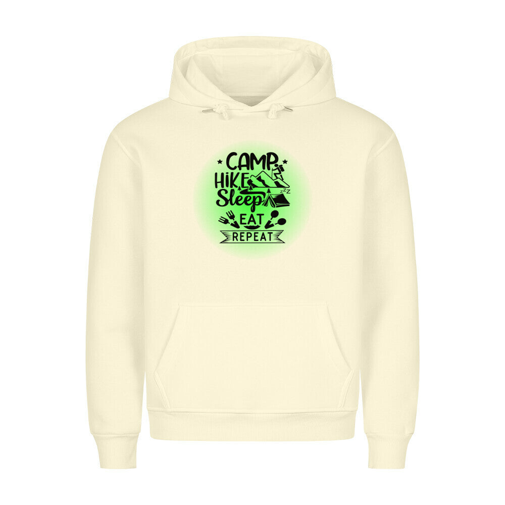 Premium Sprüche Hoodie, "Camp, Hike, Sleep, Eat, Repeat" Green print, Beige