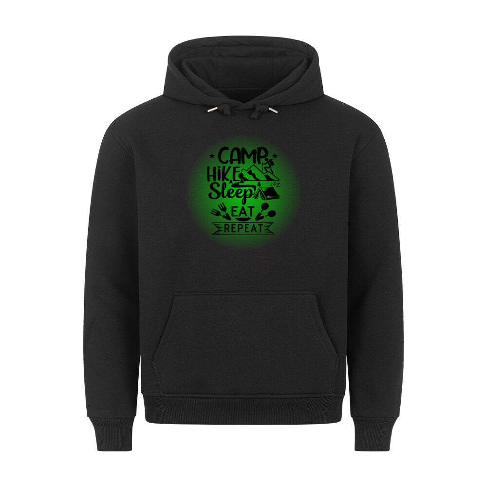 Premium Sprüche Hoodie, "Camp, Hike, Sleep, Eat, Repeat" Green print, schwarz
