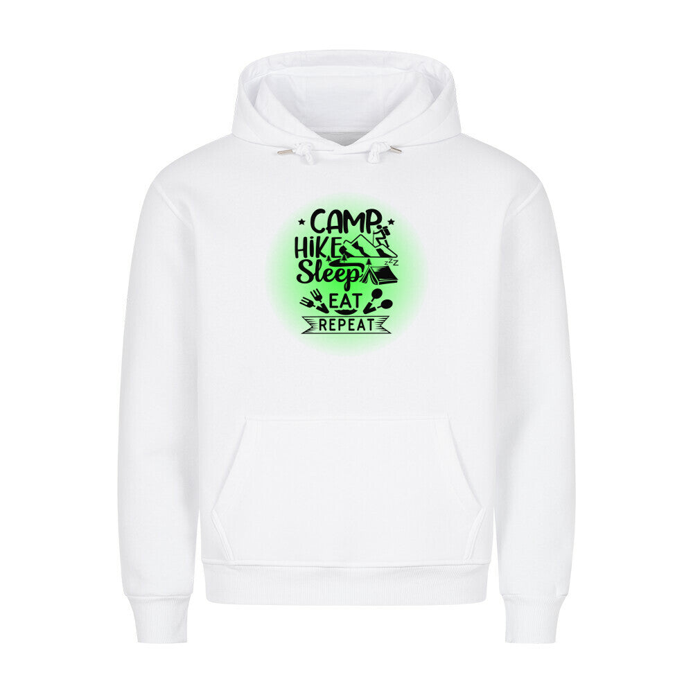 Premium Sprüche Hoodie, "Camp, Hike, Sleep, Eat, Repeat" Green print, weiß