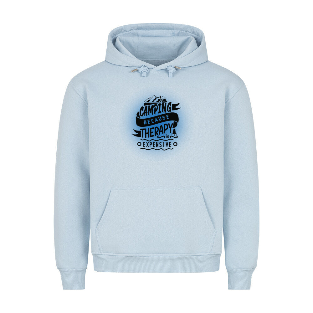 Premium Sprüche Hoodie, "Camping because Therapy is Expensive" Blue print, Babyblau