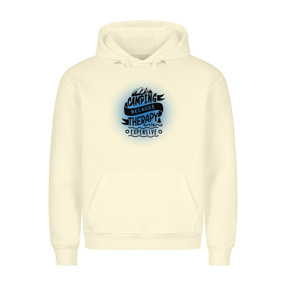 Premium Sprüche Hoodie, "Camping because Therapy is Expensive" Blue print, Beige