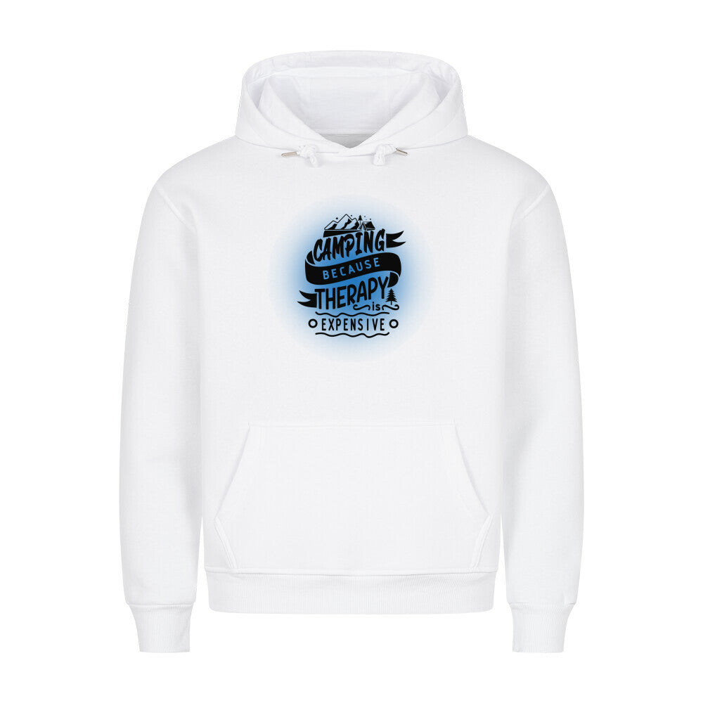 Premium Sprüche Hoodie, "Camping because Therapy is Expensive" Blue print, weiß