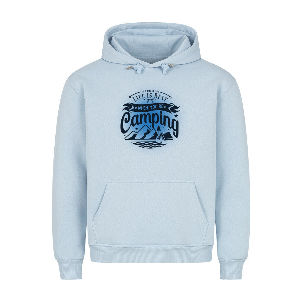 Premium Sprüche Hoodie, "Life is Best when youre Camping" Blue print, Babyblue