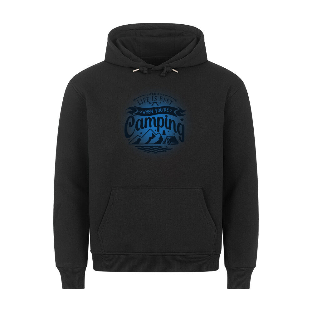 Premium Sprüche Hoodie, "Life is Best when youre Camping" Blue print, schwarz