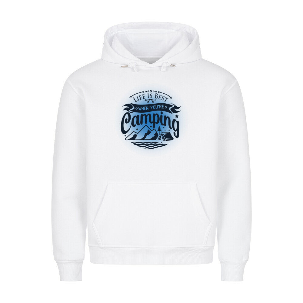 Premium Sprüche Hoodie, "Life is Best when youre Camping" Blue print, weiß