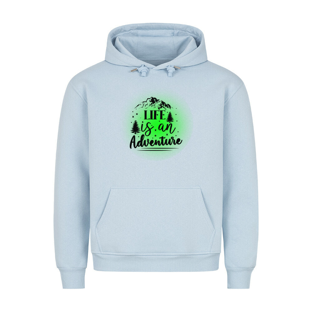 Premium Sprüche Hoodie, "Life is an Adventure" Green print, Babyblue