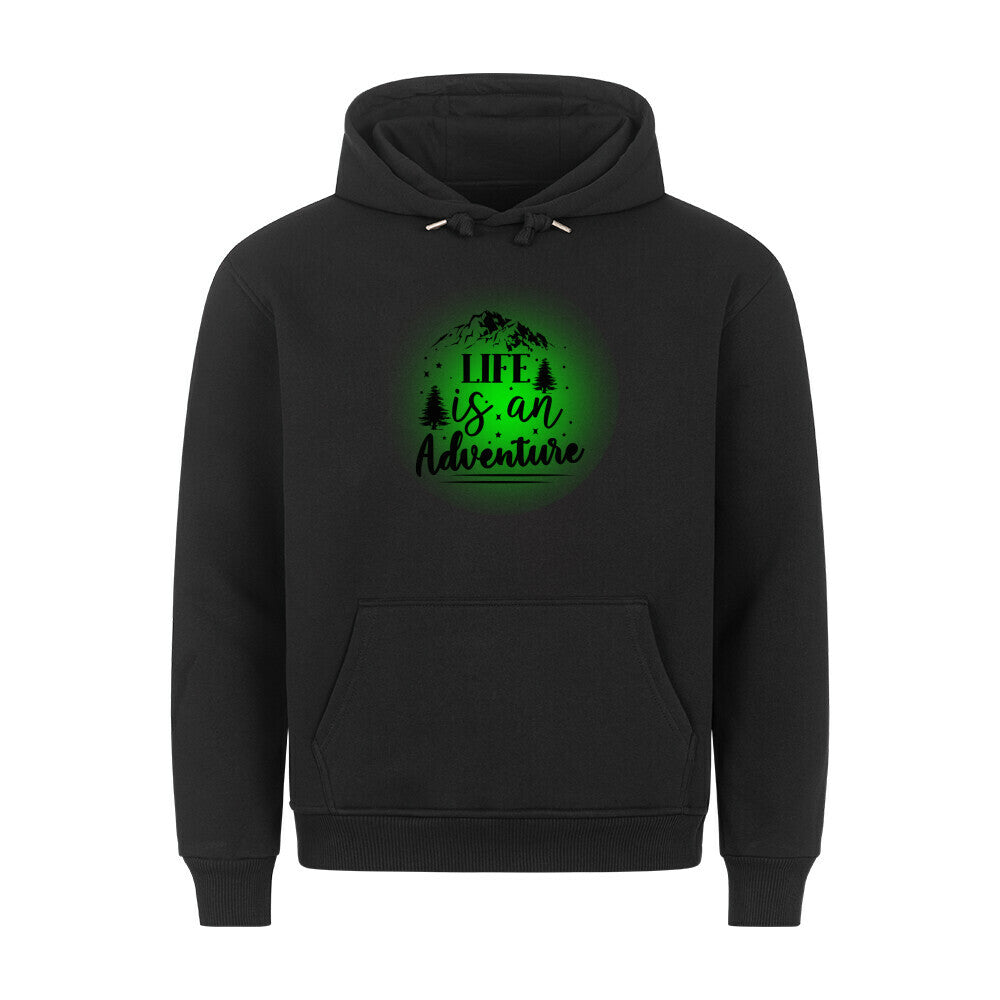 Premium Sprüche Hoodie, "Life is an Adventure" Green print, schwarz