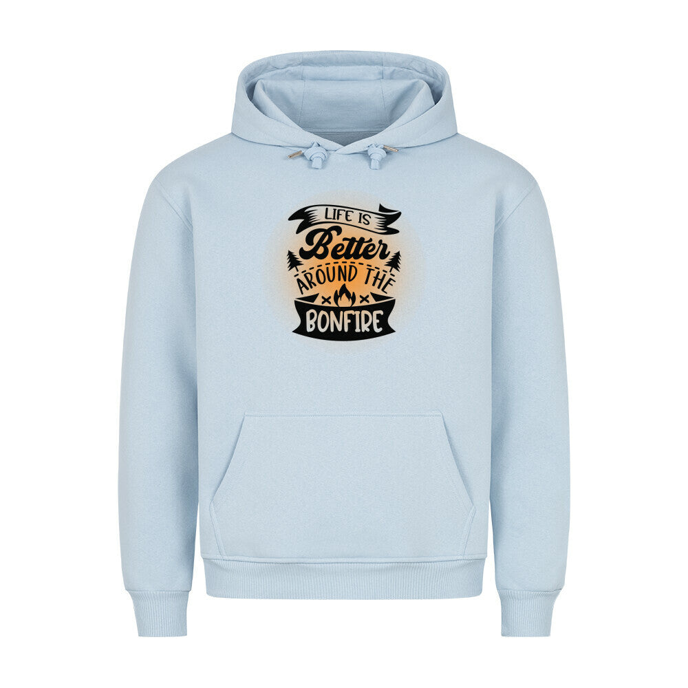 Premium Sprüche Hoodie, "Life is better around the Bonfire" orange print, Babyblau