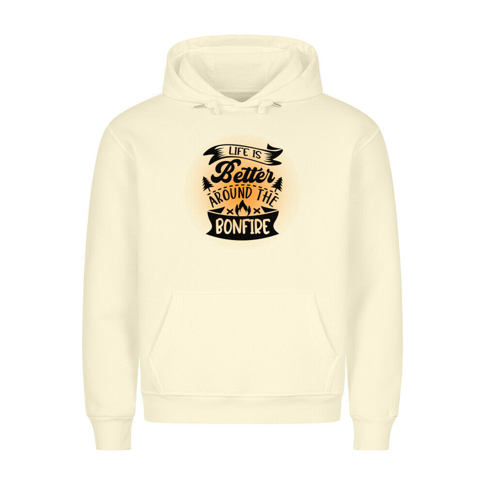 Premium Sprüche Hoodie, "Life is better around the Bonfire" orange print, Beige
