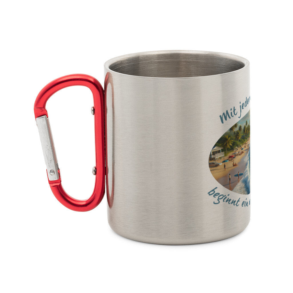 Edelstahl-Tasse mit Karabiner und Abenteuer, "Abenteuer Wellen" seitlich