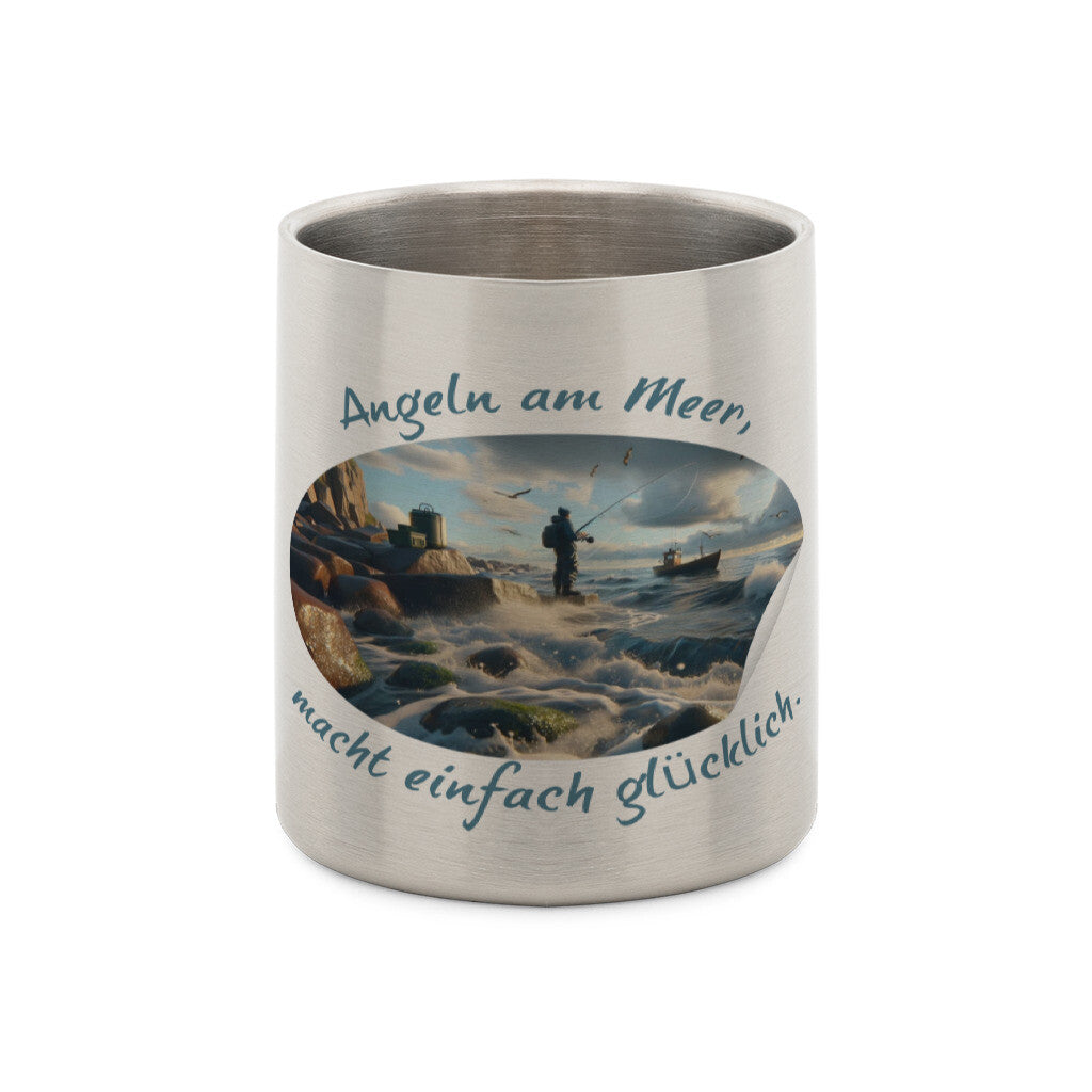 Edelstahl-Tasse mit Karabiner und Abenteuer, "Angeln am Meer"