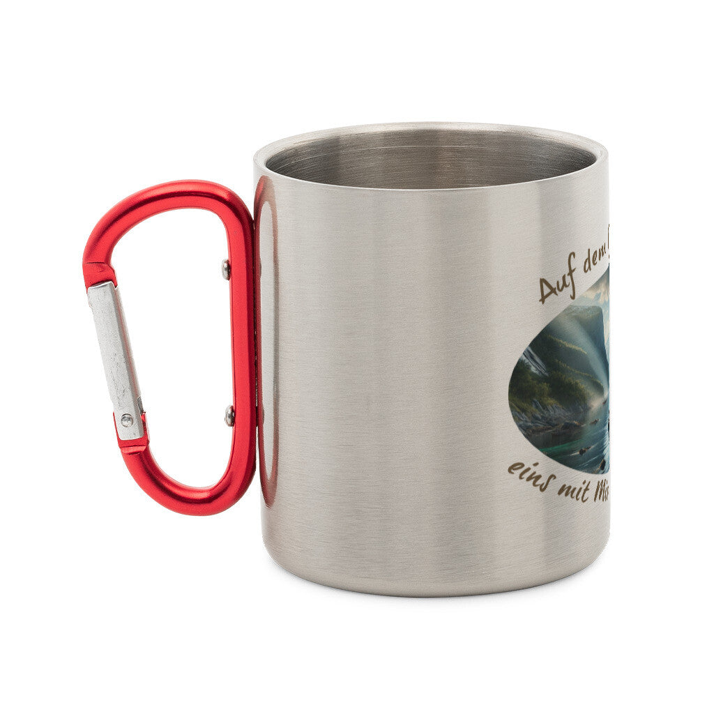 Edelstahl-Tasse mit Karabiner und Abenteuer, "Auf dem Fjord" seitlich