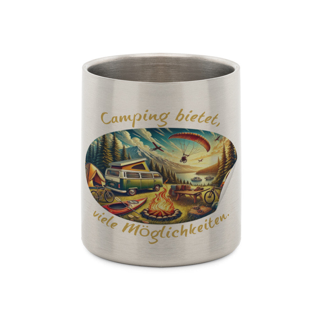Edelstahl-Tasse mit Karabiner und Abenteuer, "Camping bietet viele Möglichkeiten"