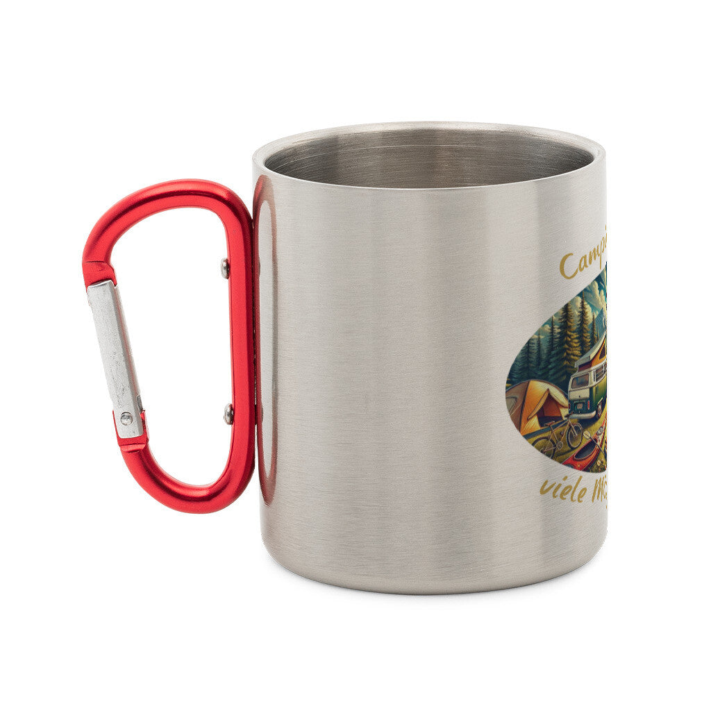 Edelstahl-Tasse mit Karabiner und Abenteuer, "Camping bietet viele Möglichkeiten" seitlich