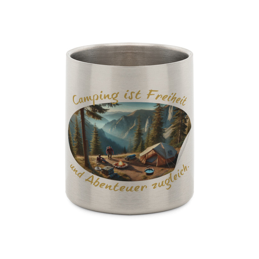 Edelstahl-Tasse mit Karabiner und Abenteuer, "Camping ist Freiheit"