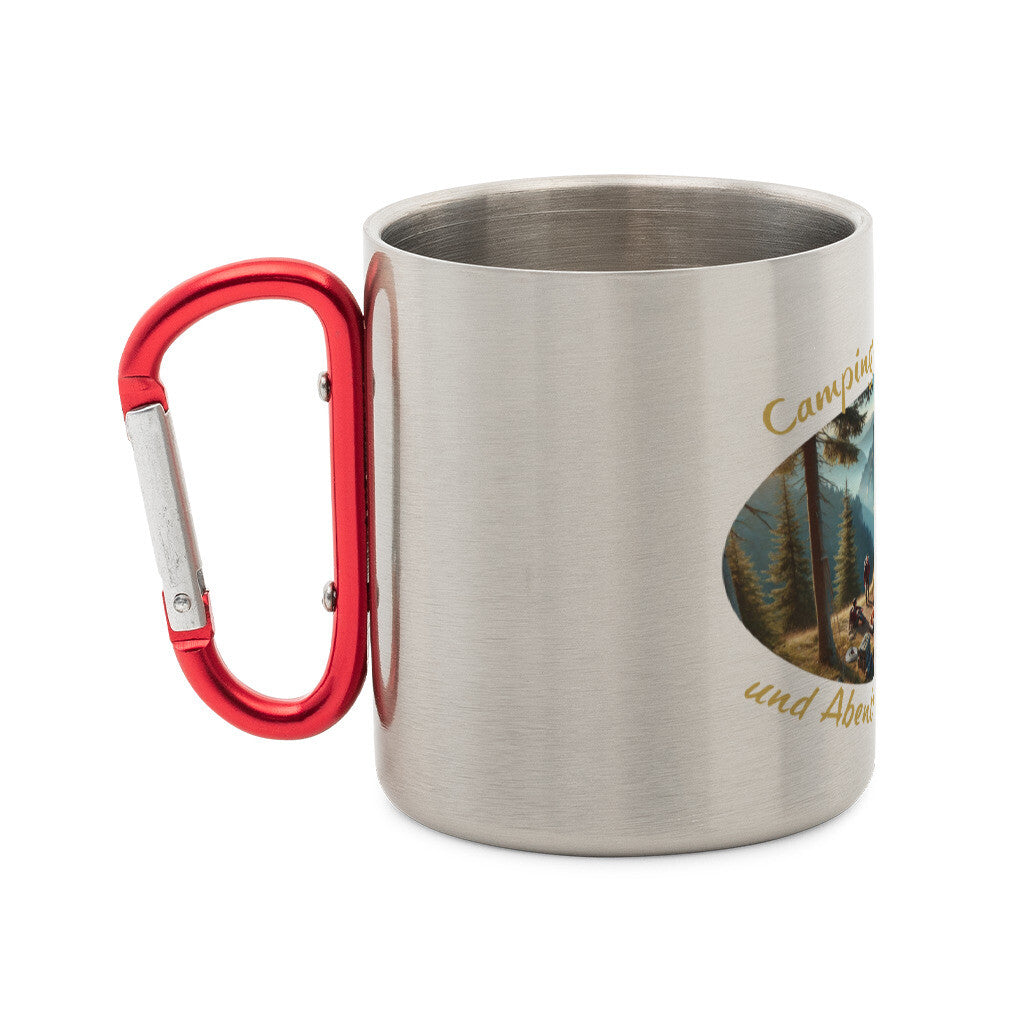 Edelstahl-Tasse mit Karabiner und Abenteuer, "Camping ist Freiheit" seitlich