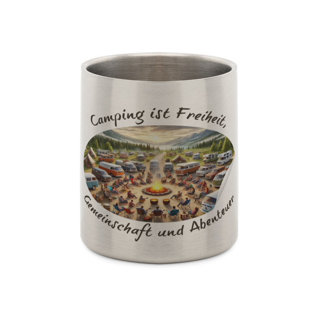 Edelstahl-Tasse mit Karabiner und Abenteuer, "Camping ist Gemeinschaft"