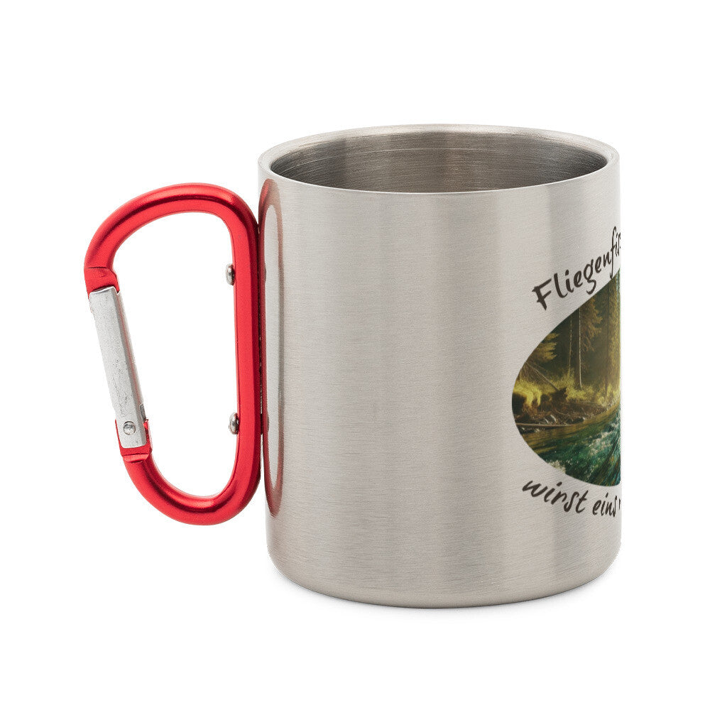 Edelstahl-Tasse mit Karabiner und Abenteuer, "Fliegenfischen" seitlich