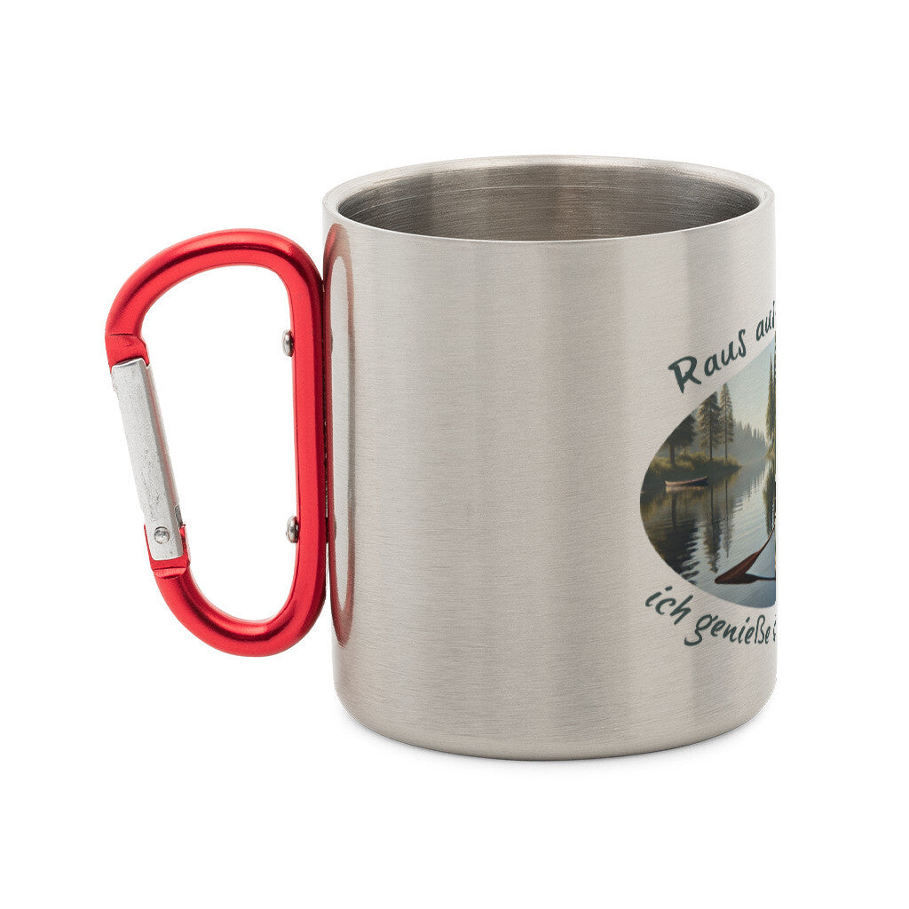 Edelstahl-Tasse mit Karabiner und Abenteuer, "Raus aus dem Alltag" seitlich