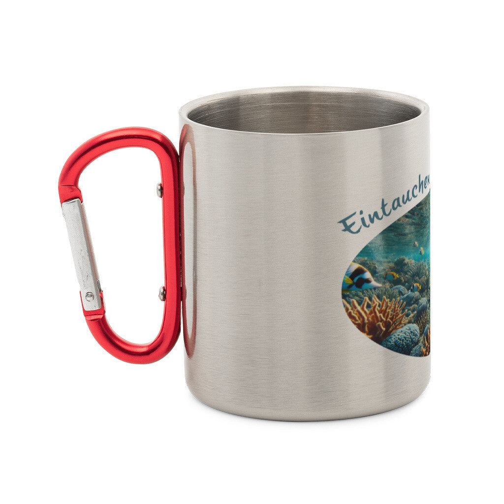 Edelstahl-Tasse mit Karabiner und Abenteuer, "Schnorcheln" seitlich
