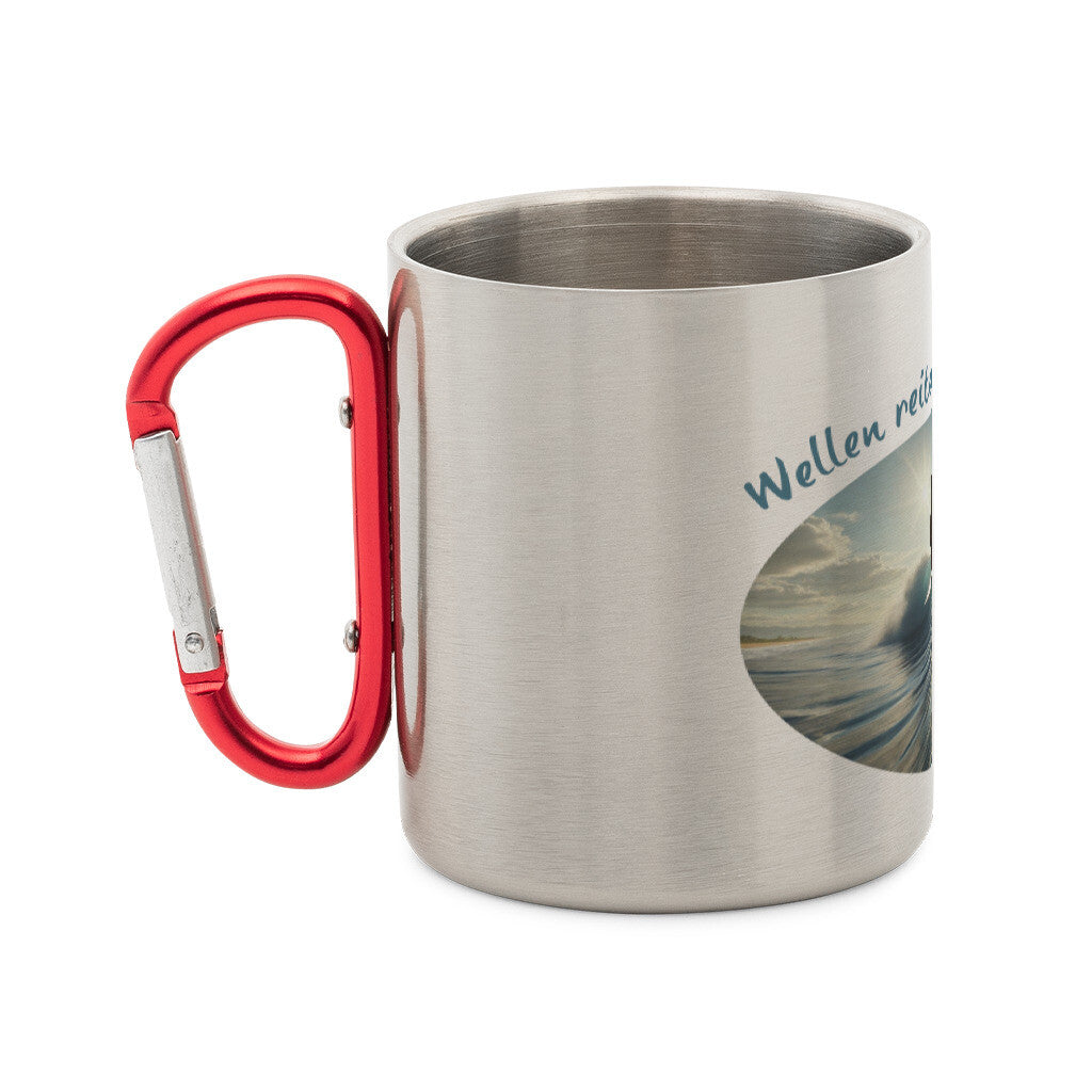 Edelstahl-Tasse mit Karabiner und Abenteuer, "Wellen reiten" seitlich