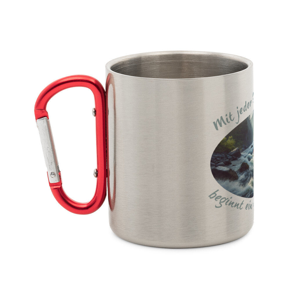Edelstahl-Tasse mit Karabiner und Abenteuer, "Wildwasser Rafting" seitlich