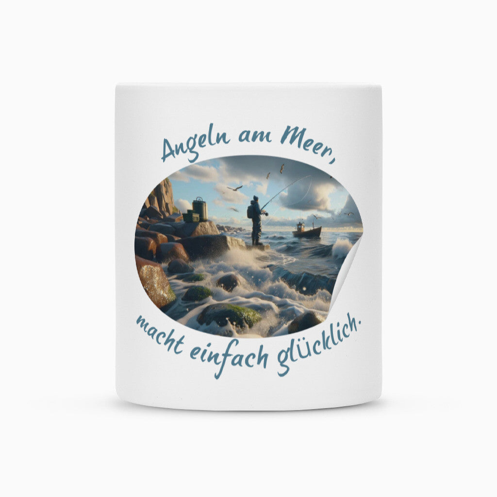 Keramik-Tasse weiß mit Abenteuer, "Angeln am Meer"
