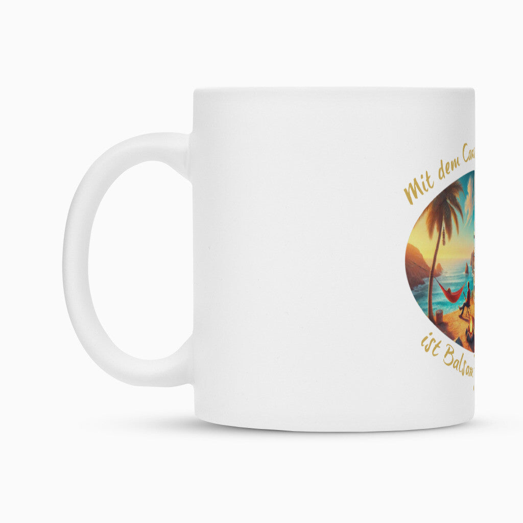 Keramik-Tasse weiß mit Abenteuer, "Camping am Strand" seitlich