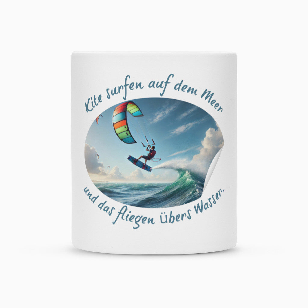 Keramik-Tasse weiß mit Abenteuer, "Kite surfen, fliegen übers Wasser"
