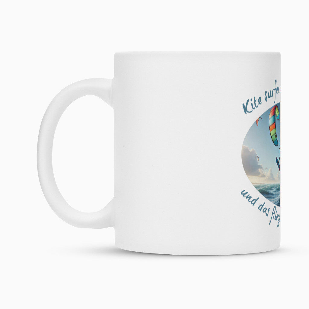 Keramik-Tasse weiß mit Abenteuer, "Kite surfen, fliegen übers Wasser" seitlich